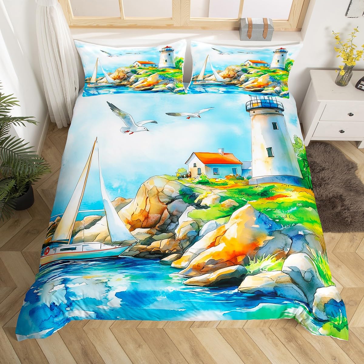 

Comforter Watercolor Lighthouse Sailboat Eiffel Tower Bedding Set Nautical Adventure Comforter Polyester Comforter (quilt)-EU Single(135*200cm)3pcs