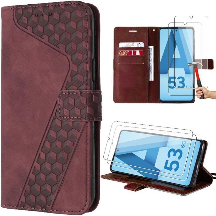 Coque pour Samsung Galaxy A53 5G - Rouge - Effet Cuir - Géométrique - Porte-Cartes - Support Réglable