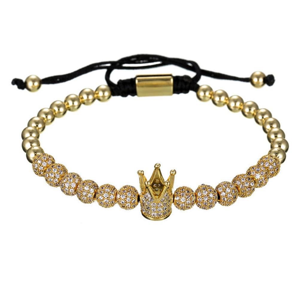 Men's Copper Bead Bracelet with Zirconia Crown and Adjustable Woven Design