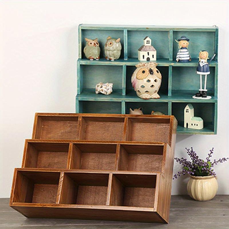 1pc Rouge/Bleu 9 grilles Étagère de Rangement Murale en Bois Vintage, Présentoir de haute qualité pour bijoux et objets de collection de bureau.