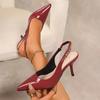 Fashion New Style Summer French Wine Red Pointed Patent Leather Mid-heel Overhead Sandals for Women Retro Skinny Heel Back Empty Shoes