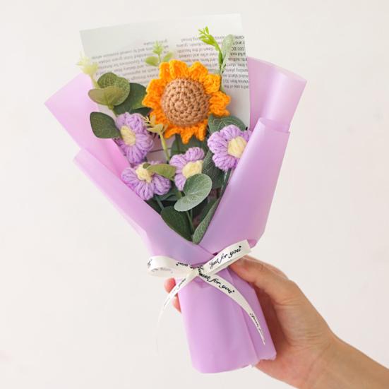 Háčkovaná Kytice Květin s LED Světlem DIY Ručně Pletený Slunečnicový Ozdoba Příze Květinová Dekorace Dárek ke Dni Matek Narozeninám