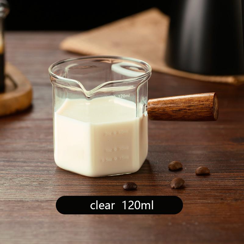

EXSX 120ml Glass Coffee Cup Espresso Measuring Cup with Wood Handle Hexagon Milk Jug Coffee Supplies Sauce Cup Serving Pitcher 120ml чистый
