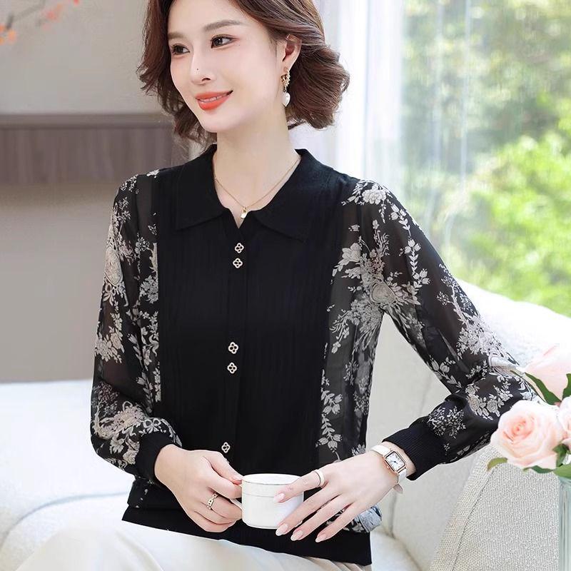 Frühling 2025 Damen Langarm Strick-T-Shirt mit Gazeärmeln für Mütter mittleren und höheren Alters