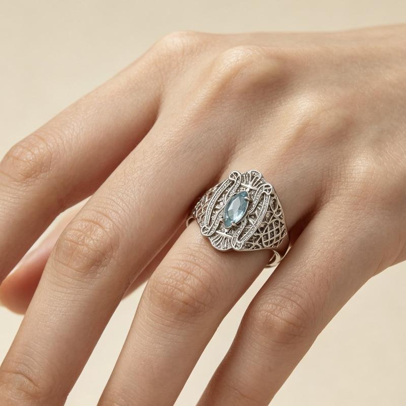 Nuovo Gioiello da Donna Europeo e Americano Semplice Anello con Zircone a Occhio di Cavallo Blu Mare Intarsiato