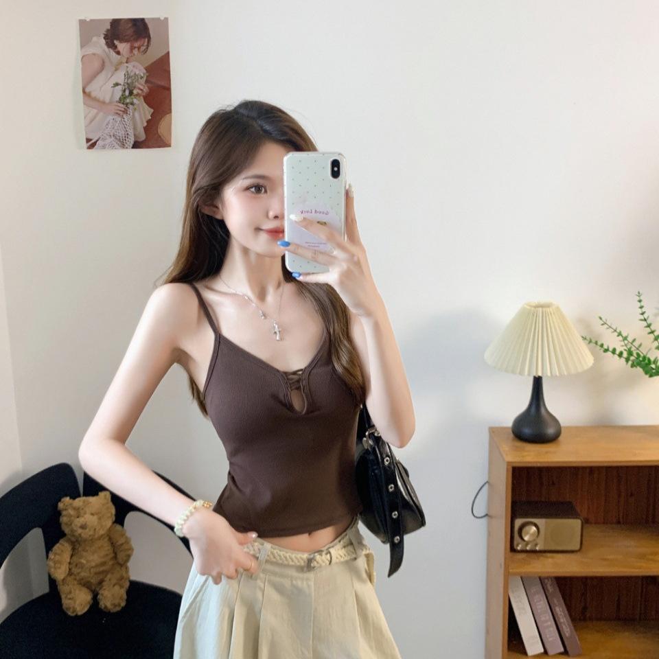 #Summer new pure desire wind hollow cross splicing sling vest female slim fixed with chest pad top