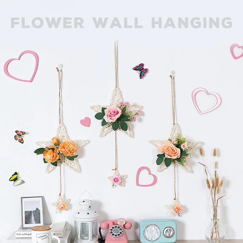 Five Pointed Star Vine Circle Wall Decoration Simulation Flower Pendant Decoration Creative Bedroom Living Room decor Aesthetic