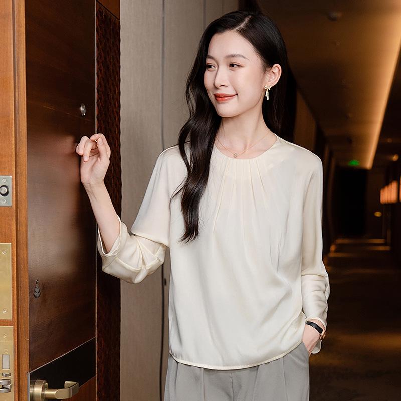 

Women s Pleated Silk Long-Sleeve Blouse, Round Neck, Mulberry Silk, Spring/Autumn 2025, A3631. M червоний