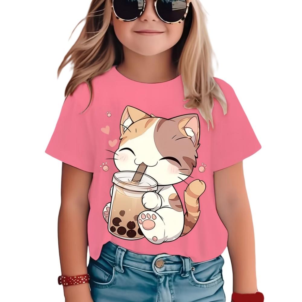 2025 New Girl's T-shirt Fashion Dolphin Children's Clothing Summer Girl's Clothing Cartoon Top Cute Cat Printed T-shirt Children's Clothing