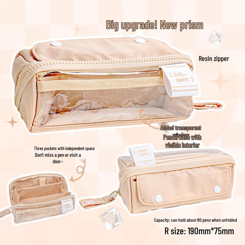 RosyPosy Transparent Prism Pencil Case: Spacious, Triple-Zipper Design for Students