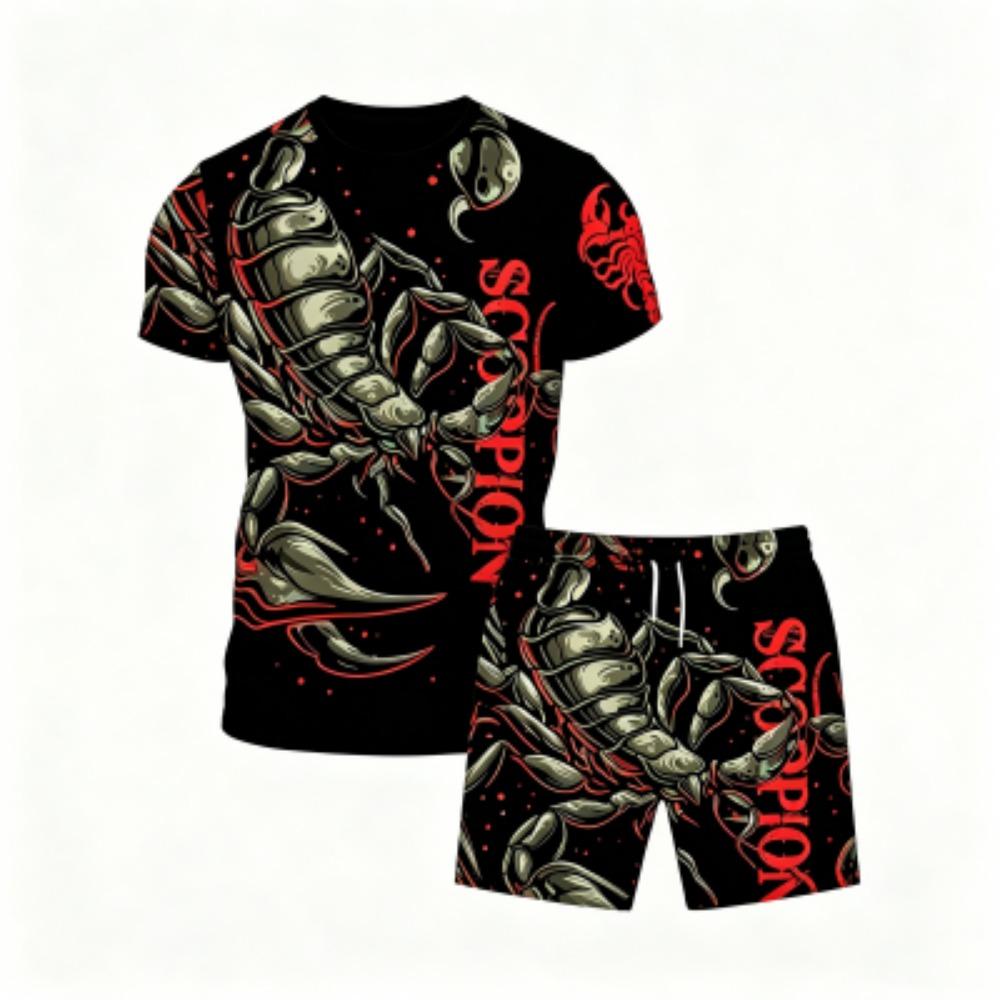 Europa und Amerika Tier Skorpion Muster Outdoor Straße Herren T-Shirt und Shorts 2-teiliges Set Sommer Freizeit Outfit Herren und Damen Sport Set
