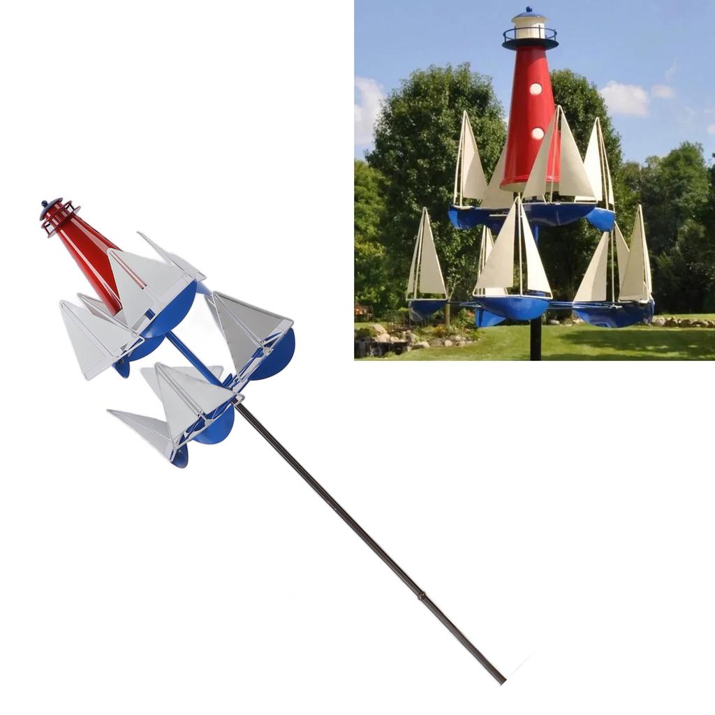 Large Metal Wind Sculpture for Outdoor Decor, Bright Color Sailing Windmills Sculpture, Nautical Metal Wind with Pole, Decoration