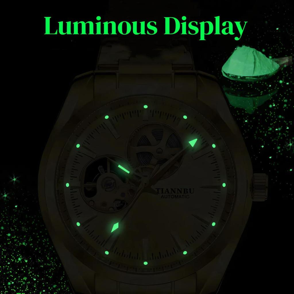 Gold Automatic Mechanical Watch for Men Luxury Skeleton Stainless Steel Waterproof Luminous Business Dress Wristwatch