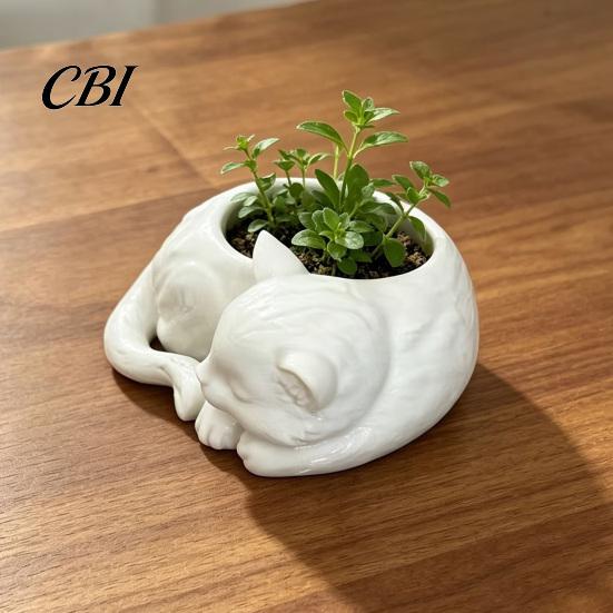 Artistic Cat Plant Holder 3D Printed Sleeping Flowerpot, Mini Desktop Planter, Gift for Lovers Decorative Succulents Small Green Plants Planter