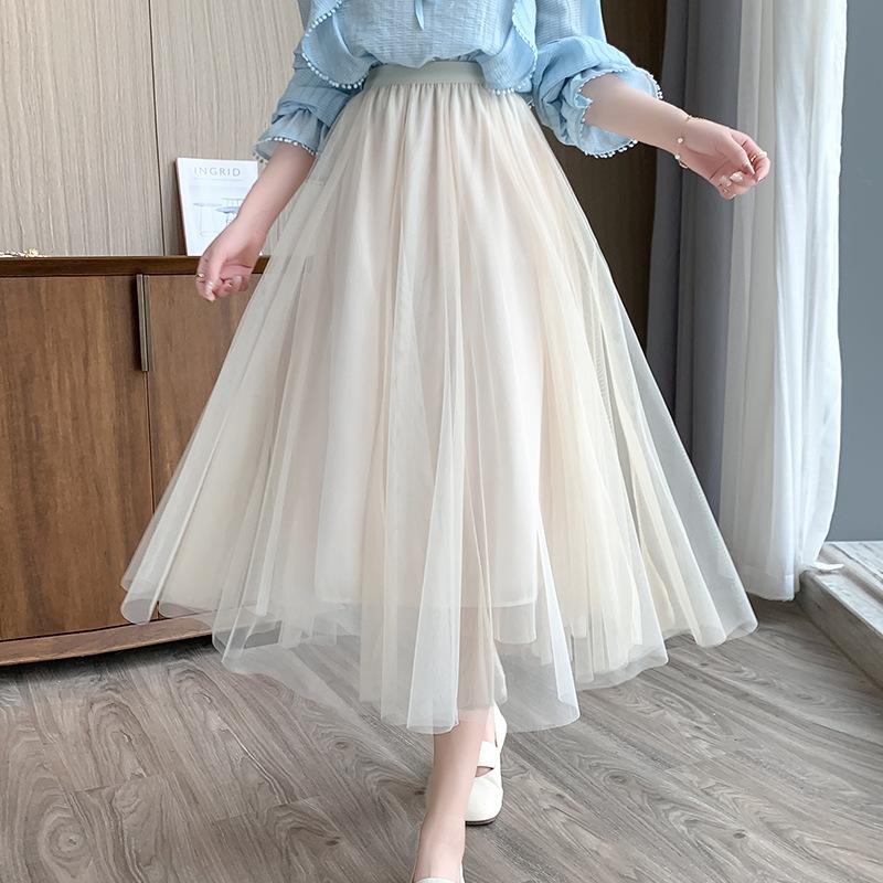 Mesh Skirt for Spring and Summer New Women's High Waist Mid-length Elastic Waist A-line Skirt Princess Long Skirt