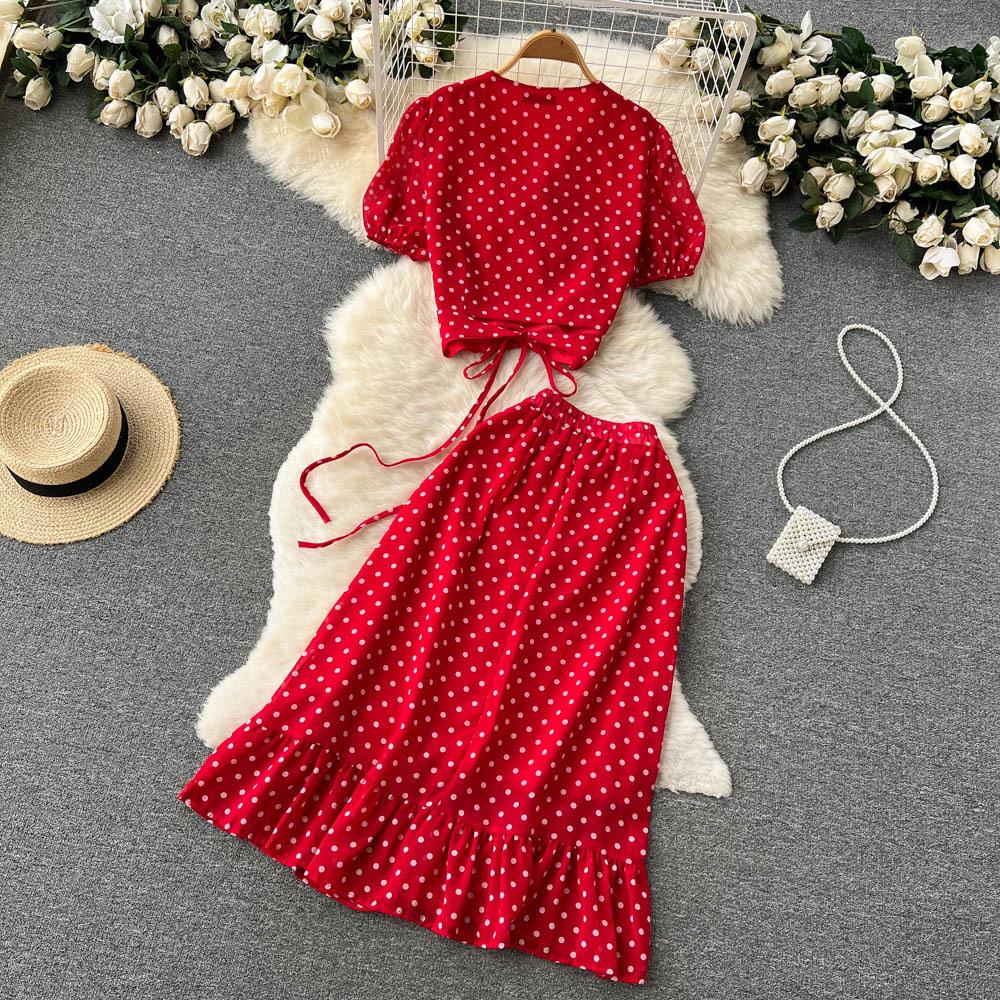 Women Polka Dot Two Piece Set Summer Short Drawstring Tops + High Waist Long Skirt 2pcs Suit Outfits Red Purple Black