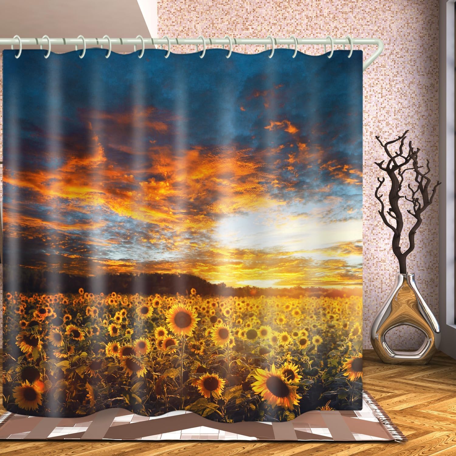 Bathroom is Equipped with A Sunset Sunflower 3D Shower Curtain, Deluxe Bathtub Standard Waterproof Shower Curtain, 12 White Hook 90x180cm