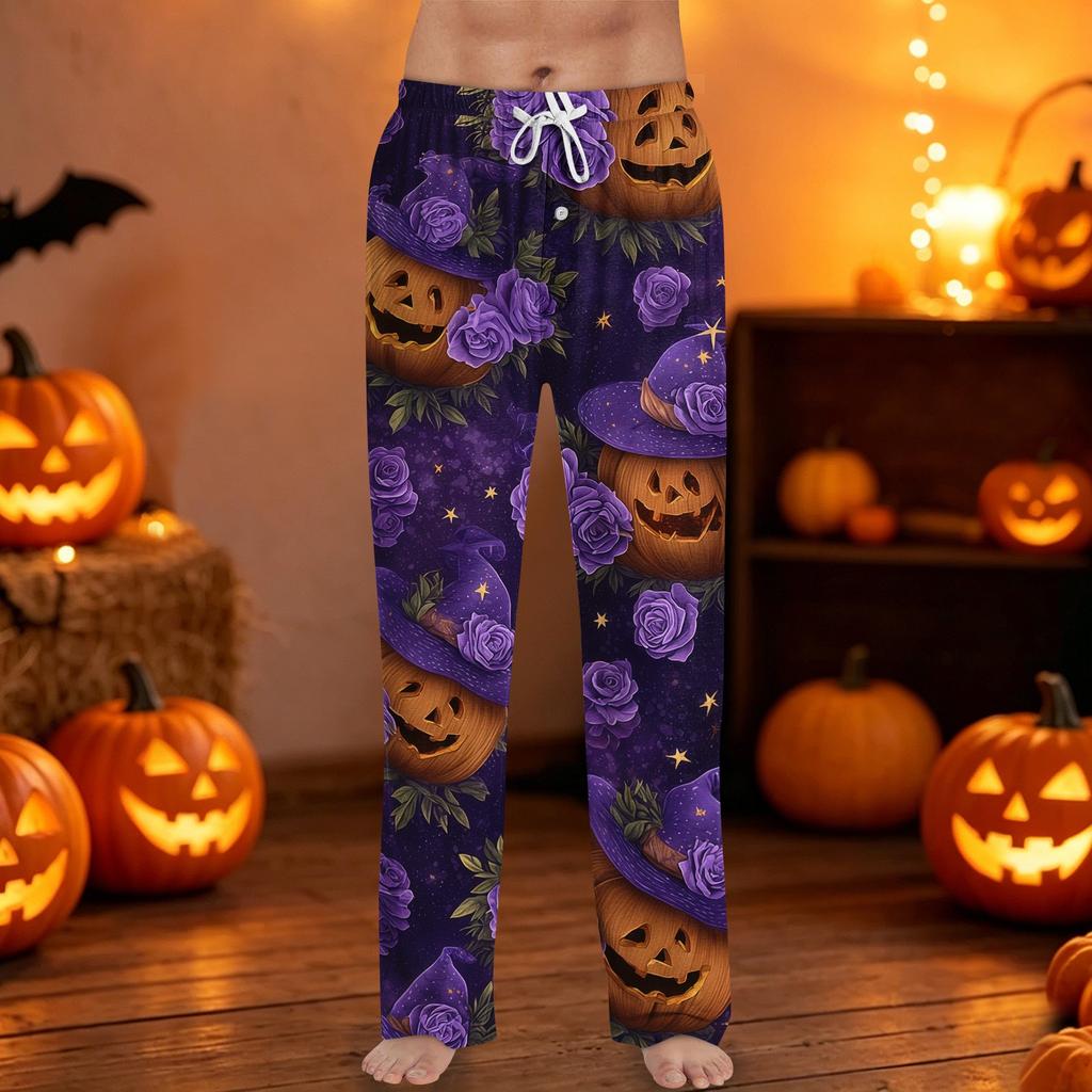 Men's Halloween Print Drawstring Pants Casual Lounge Sleepwear Bottoms with Elastic Waistband and Straight Leg Fit for Indoor and Outdoor Use