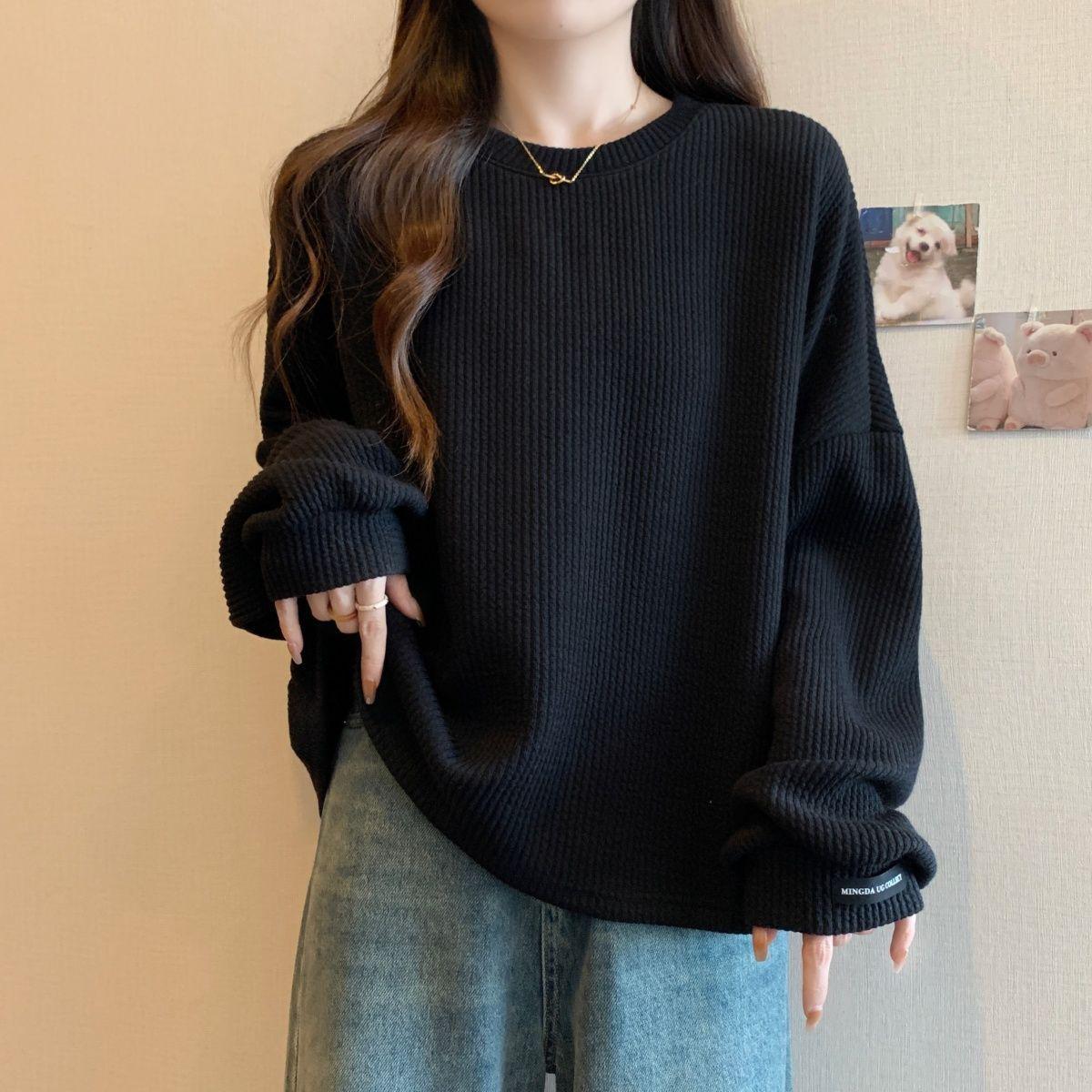 Autumn/Winter 2025 Plus Size Ribbed Korean Base Layer Women s Long Sleeve Top S чёрный