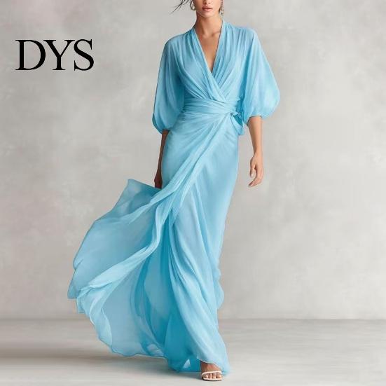 Daily Wear Dress Women V- Neck Long for Summer Autumn, Solid Color Tie Casual Waist A-Line Dress, Half Sleeves Swing Maxi