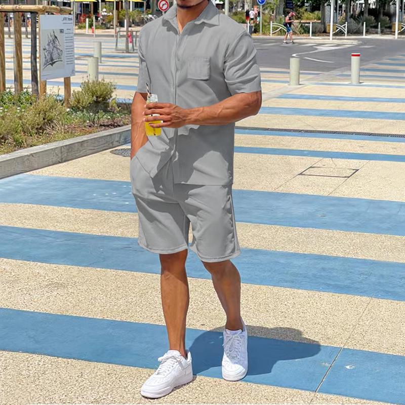 

2023 Men s Solid Color Linen Summer Shorts and Short-Sleeved Shirt Set L