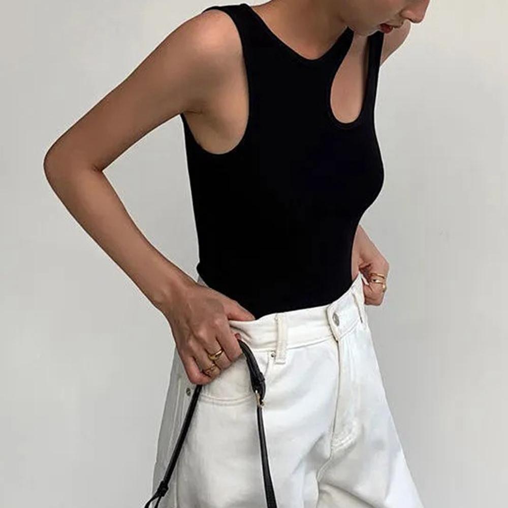 Street Hipsters Round Neck Side Irregular Cutout Design Women's Solid Color Slim Small Vest