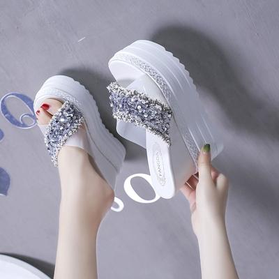 White Slipper Women 2021 Summer Fashion Platform Sequined Slippers Slope Heel Women Shoes Rhinestone Transparent Wedges Slides