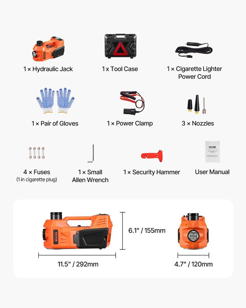 Gato Eléctrico para Coche Ajustable 5 Toneladas / 11000 lbs Kit de Gato con Martillo de Seguridad