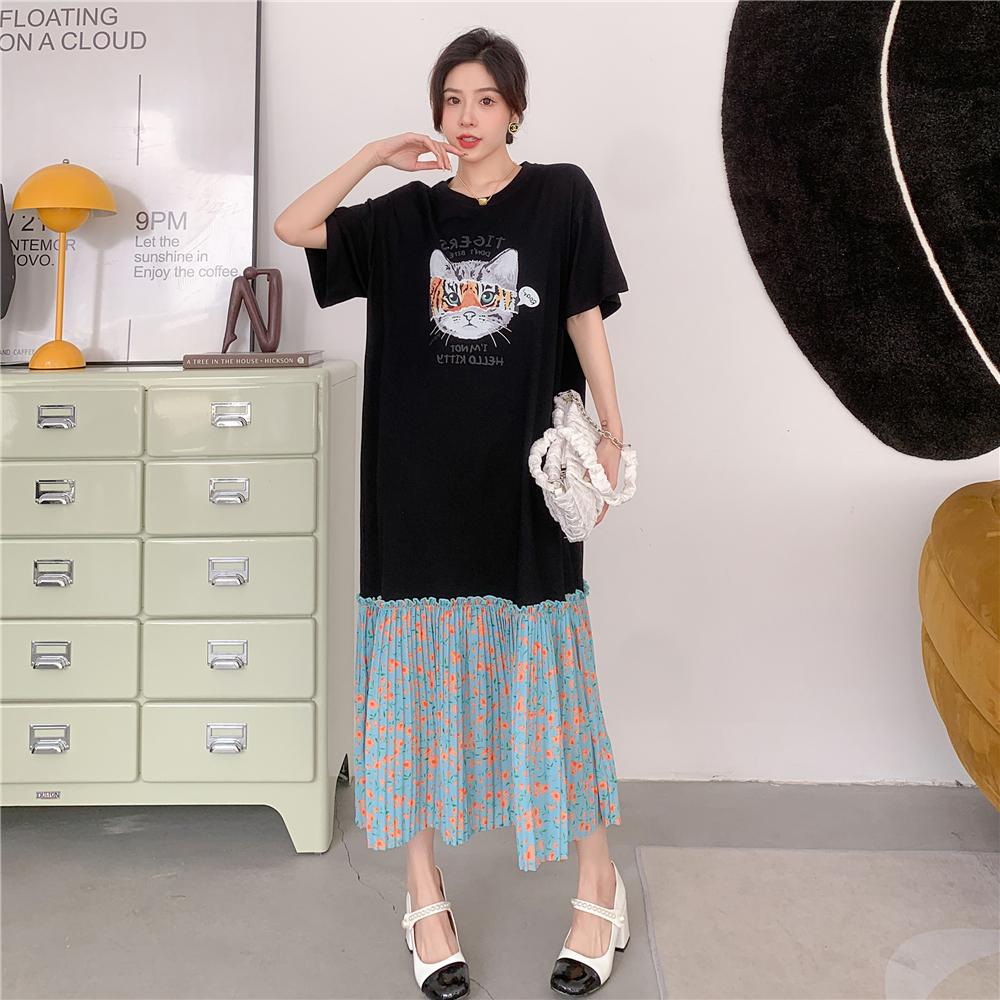 

DIMANAF Women 2025 Plus Size New Summer Dress Pleated T-Shirt Dress Printing Basic Long Loose Dresses Maxi 3XL чёрный