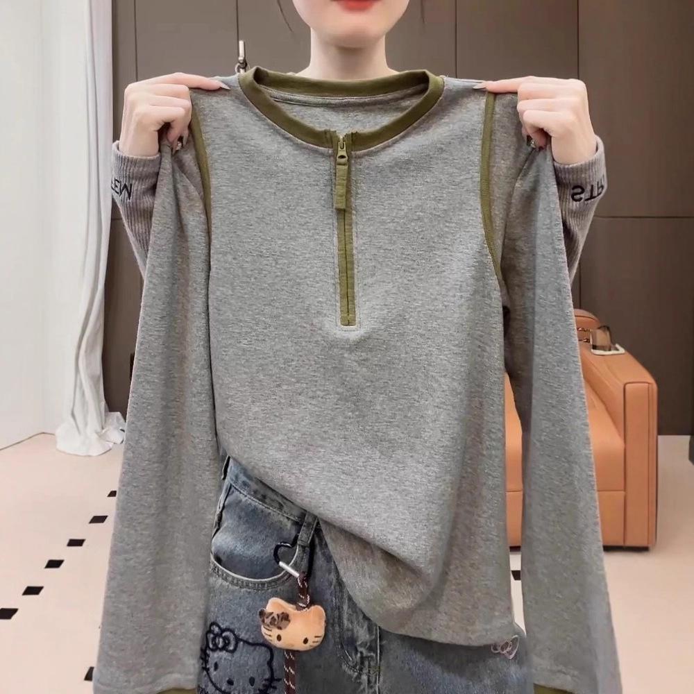 

Plus Size Color Block Half Zip Long Sleeve T-shirt for Women - Autumn/Winter Slimming Versatile Base Layer 2025. 2XL (160-180 jin)