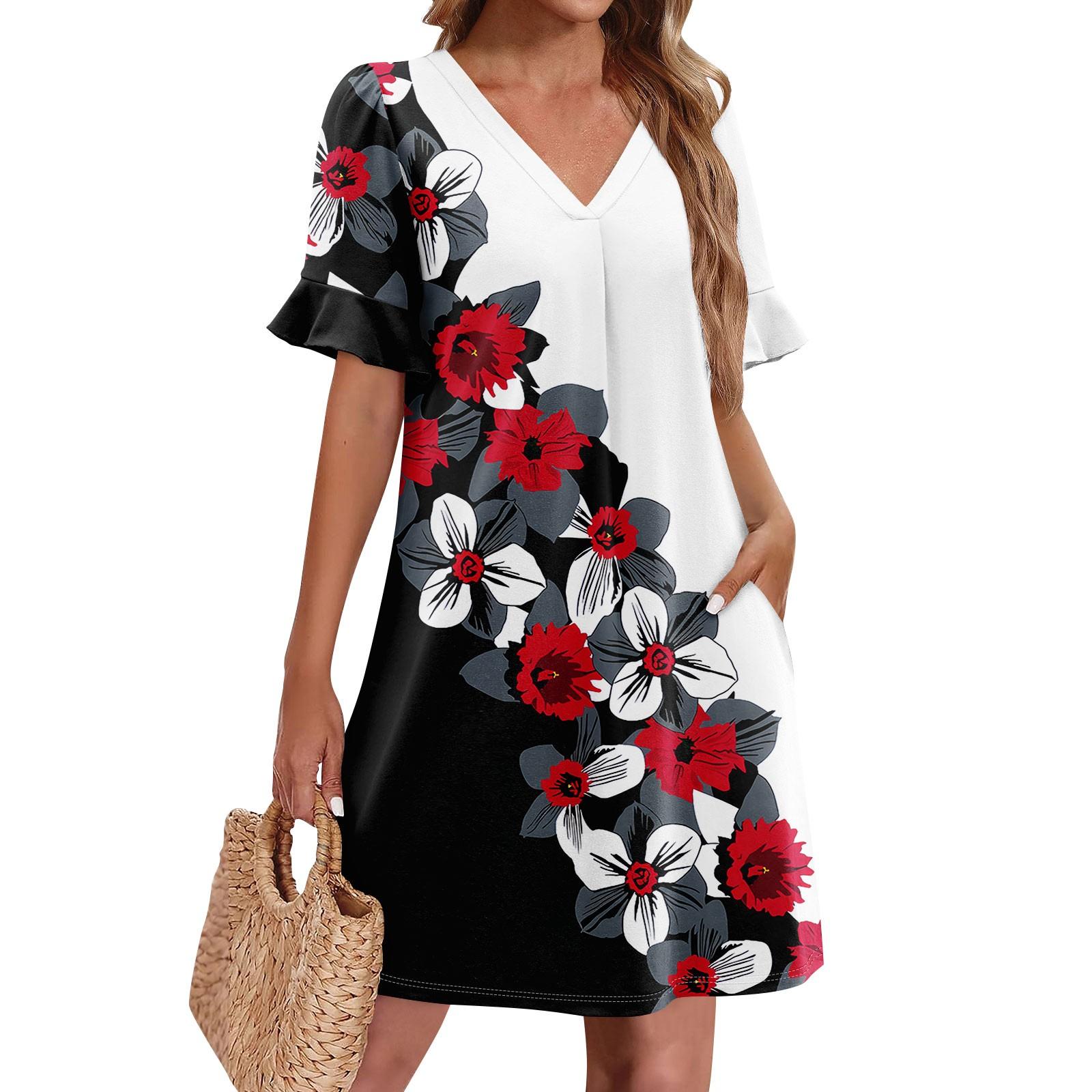 

Летние платья для женщин с V-образным вырезом, оборками и коротким рукавом, повседневное свободное платье с принтом, пляжное платье с карманами XL винный