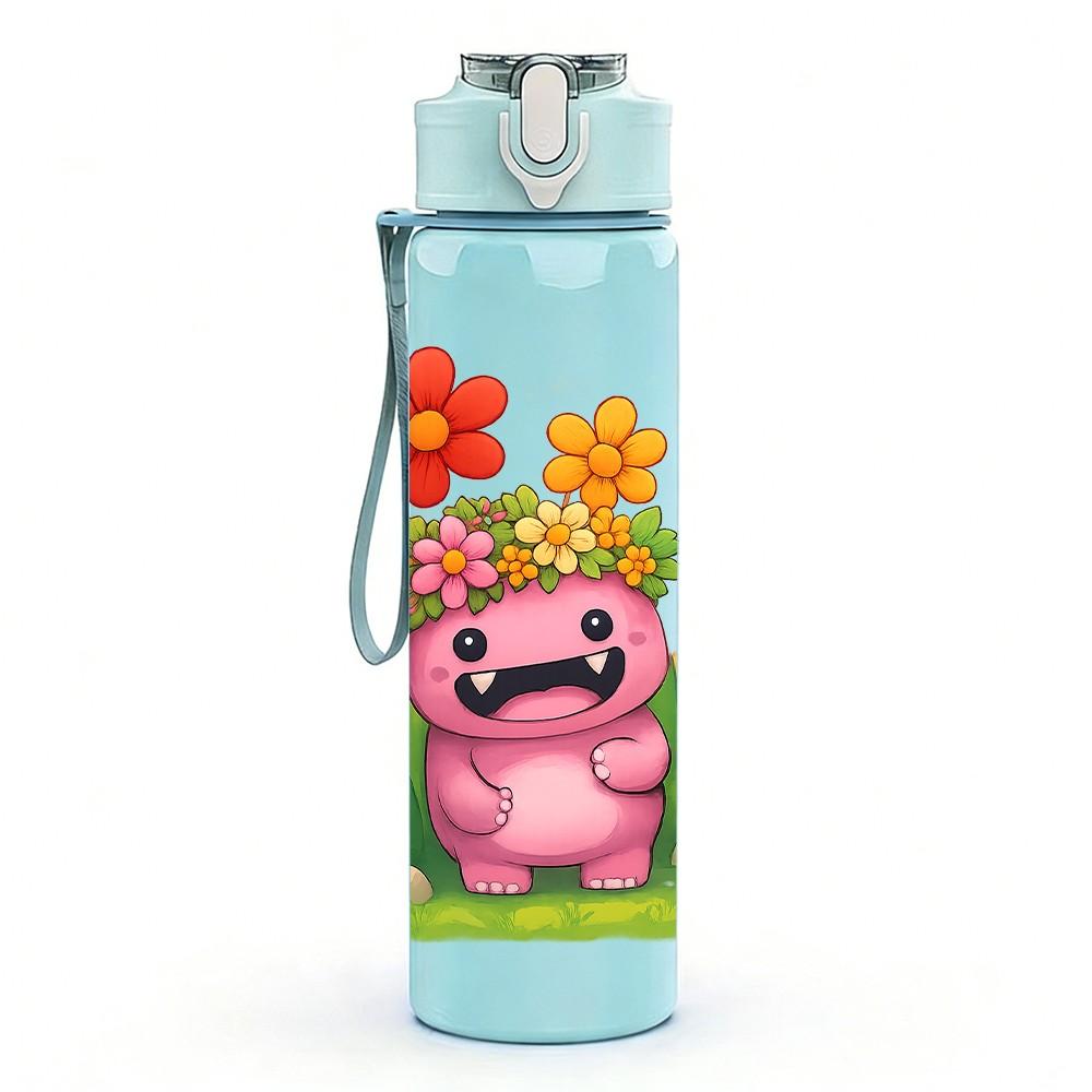 1PC Pink Monster Floral 750ml Color Plastic Sports Water Bottle Leakproof Flip Straw Lid Suitable for Sports Office Home Use