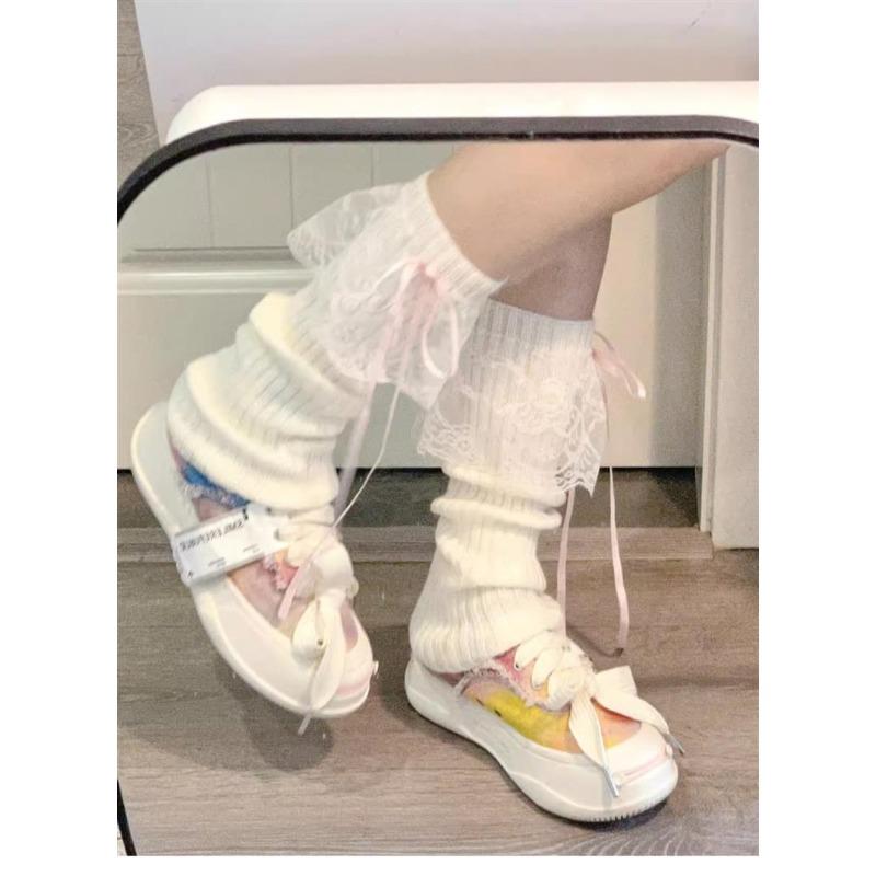 Ladies Autumn New Warm Thermal Storage Lace Knitted Ribbon Bow in The Tube Pile Stocking