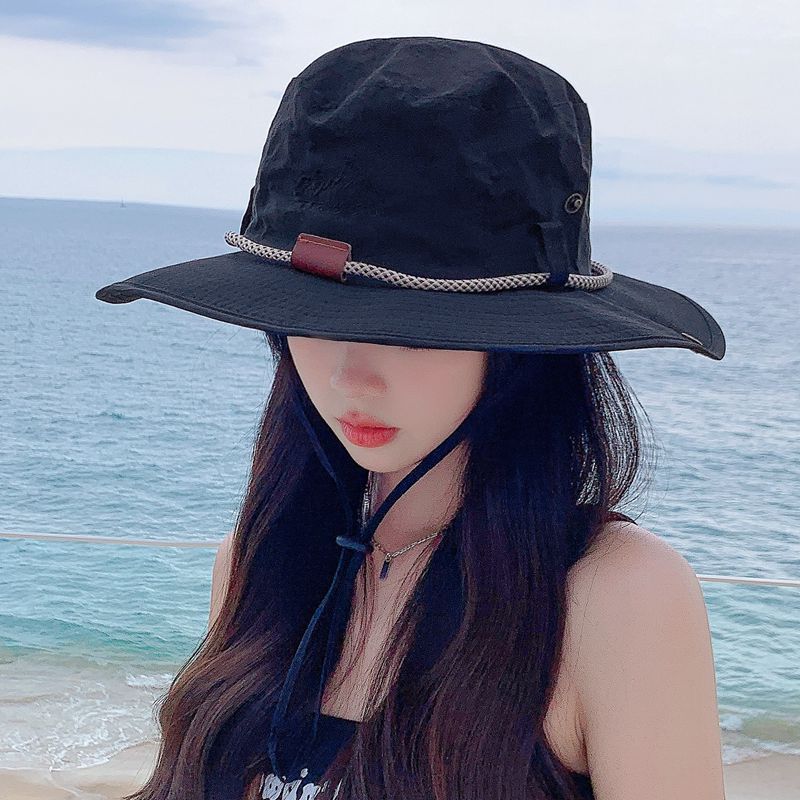 

Summer Rope Sun Hat Female Outdoor Mountaineering Fishing Sun Protection Hat Male Western Denim Travel Camping Bucket Hat Tide Black M(56-58cm)