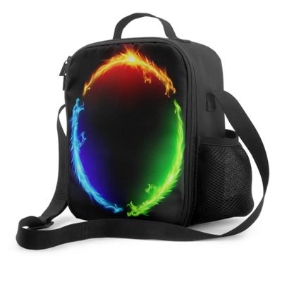 Three Fire Dragons Making Colorful Circle Insulated Lunch Box Portable Cooler Bag Food Container for School Travel Picnic