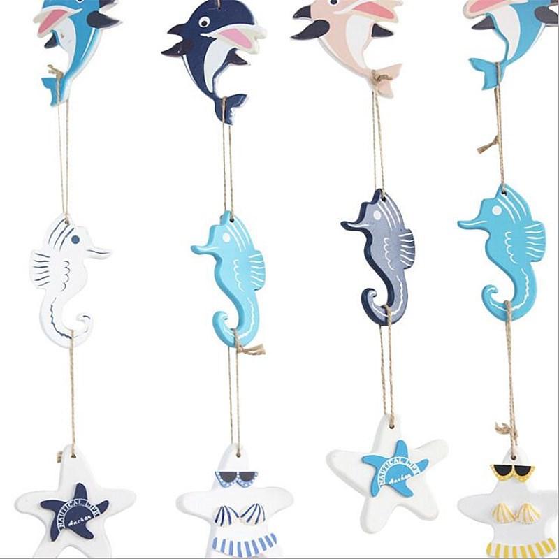 3Pcs/Lot Wooden Starfish String Mediterranean 5 Kinds of Decorative Fish Seahorse Dolphin Shell Hanging Ornament