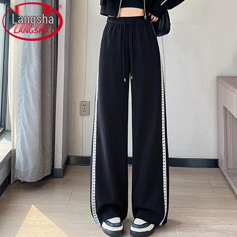 Langsha Women's High-Waisted Lace Trim Straight-Leg Casual Sweatpants