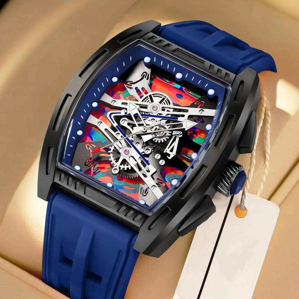 New Business Cool Wine Barrel Shaped Hollowed Dial Men's Wristwatch Silicone Strap Waterproof Luminous Quartz Male Watch