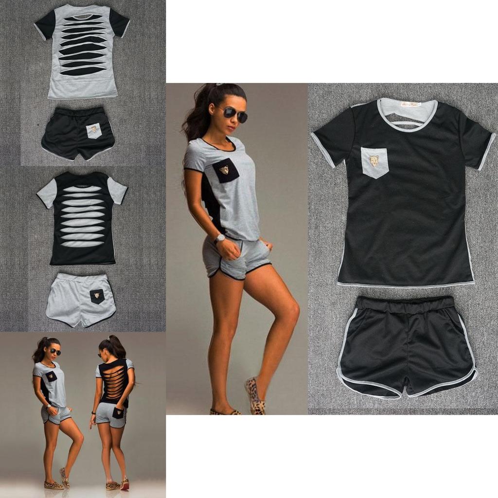 Women Sexy Short Sleeve Sportwear Top Pants Tacksuit Sets Jumpsuit T-shirt In Premium Cotton