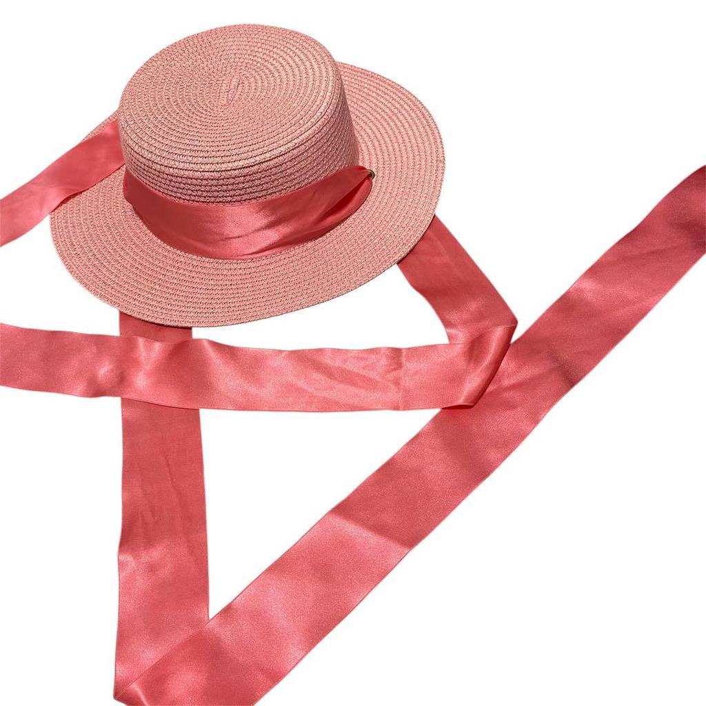 [USED] Excellent Condition Big Bang Fiberglass Straw Hat with Pink Ribbon, Perfect for Summer, Made In Japan