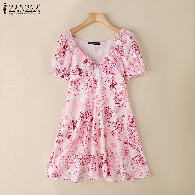 

ZANZEA Women Summer V Neck Short Puff Sleeve Print Casual Holiday Pleated Sundress 5XL розовый