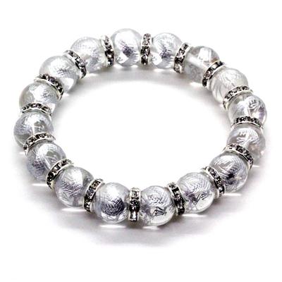 Sekiki Silver-Carved Five-Claw Emperor Dragon Natural Crystal Quartz 12mm Bracelet with Silver Rondelle Beads, Power Stone Prayer Bead [b276]