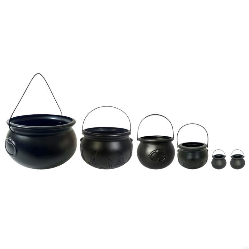 6 Puece Halloween Party Essential Plastic Black Witch Cauldron Bucket for Candy and Treats Container Bowl Decoration