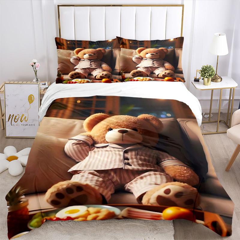 3pcs Anime Teddy Bear Bedding Set - Includes One Quilt Cover and Two Pillowcases (No Core) - Home Decor, Festival Gift, Polyester Fabric, Ca