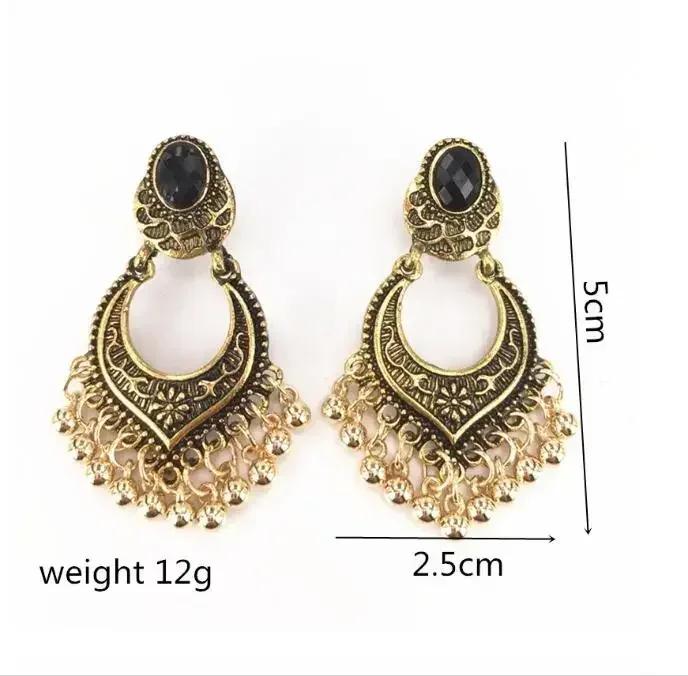 Women Summer Fashionable Retro Ethnic Style Carved Beads Black Gemstone Tassel Earrings Earrings Exaggerated Earrings Gifts