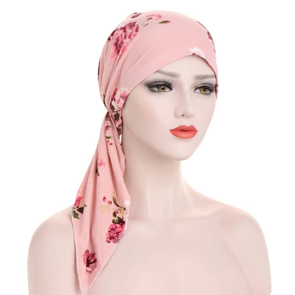 Women Printed Turban Cap Muslim Hijab Inner Caps Beanies Bonnet Long Tail Headscarf Strech Bandana Hat