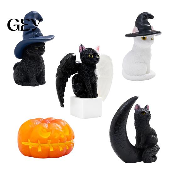 Durable Resin Cat Statue Halloween Figurine, Witch Hat/Moon/Pumpkin/Skull Black And White Ornament for Tabletop, Mantel, Shelf, Desk Decor Moon Skull