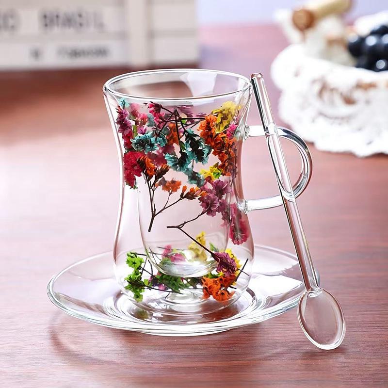 Dried Flower Body-Shaping Double-Walled Glass Cup with Handle and Heat Insulation for Coffee, Milk, or Juice