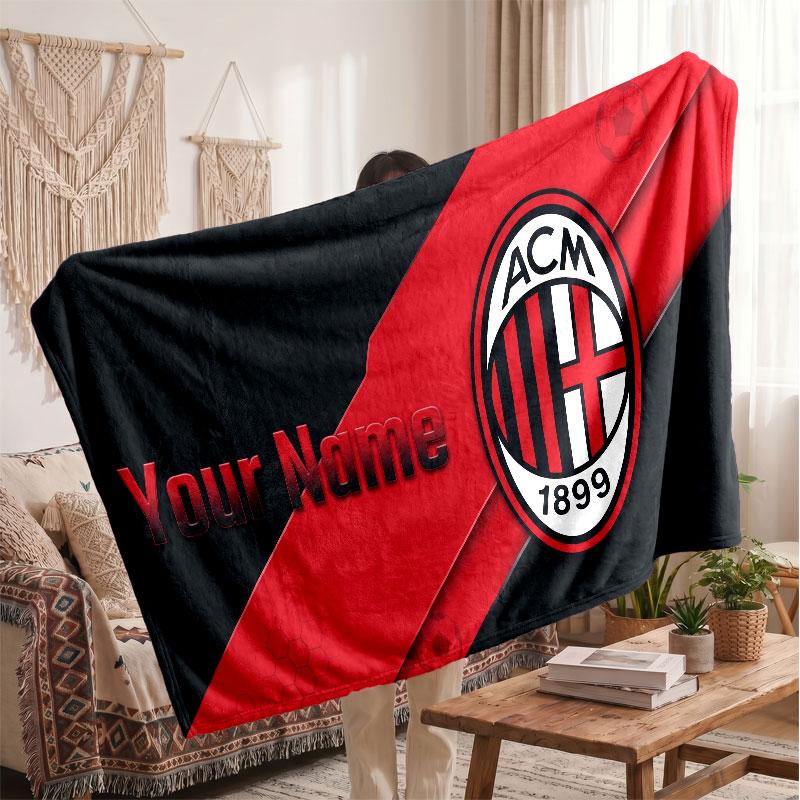 Couverture polaire personnalisée AC Milan avec logo de football, texte de nom personnalisé, couverture d'appoint douce et chaude pour la maison
