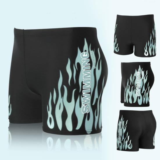 Inner Drawstring Mid-rise Swimming Trunks with Lining Elastic Waistband Breathable Men Flame Print Swim Shorts Beachwear
